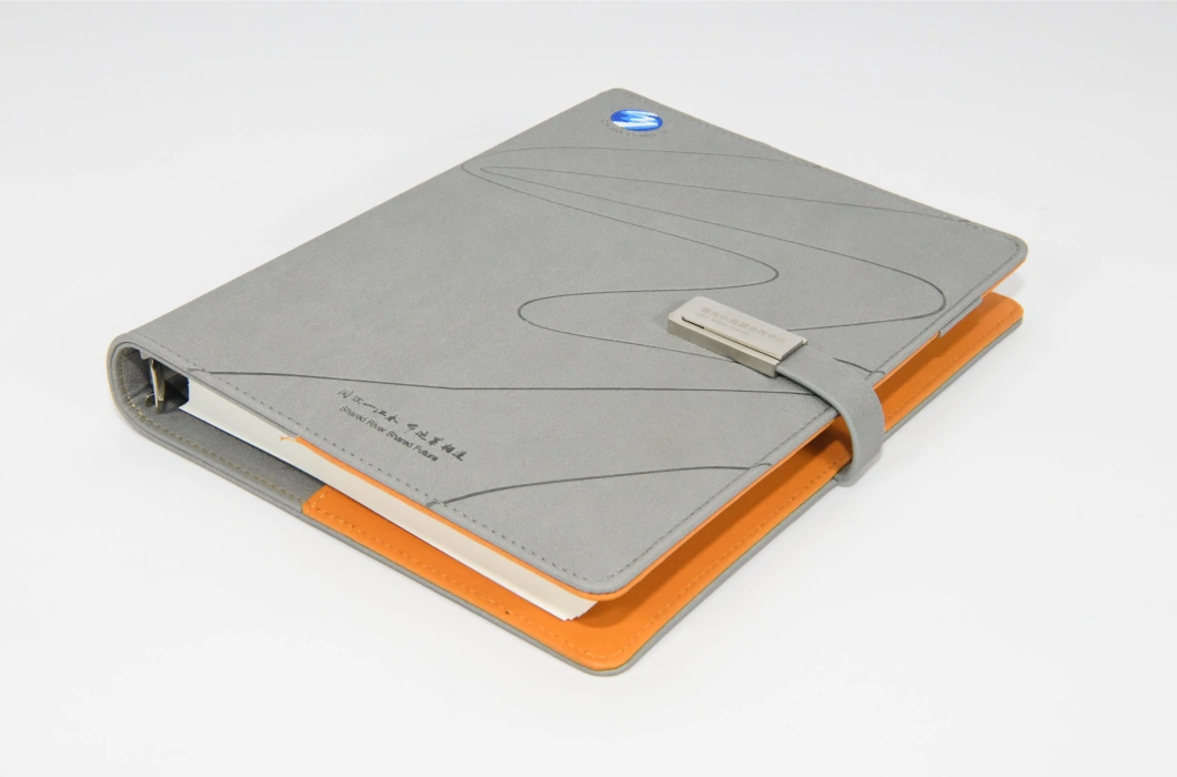 Grey High-Grade PU Leather Notebook with Magnetic U Disk Buckle, Customizable Logo