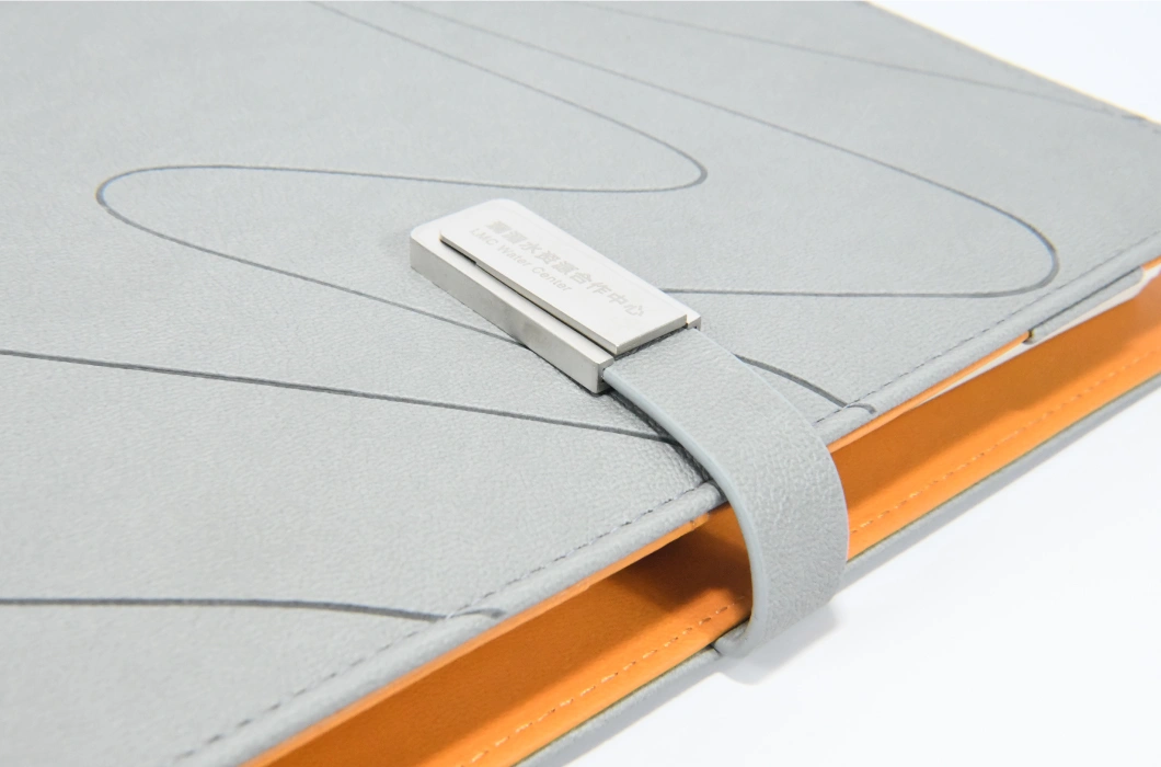 Grey High-Grade PU Leather Notebook with Magnetic U Disk Buckle, Customizable Logo